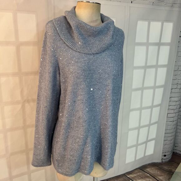 Chico's Gray Fold-Over Cowl Neck Sequined Pullover Sweater Size Large - Picture 2 of 11